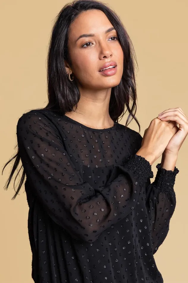 Black Textured Spot Shirred Shimmer Top Women Roman Tops