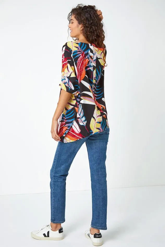 Black Tropical Print Button Back Top Women Roman Tops