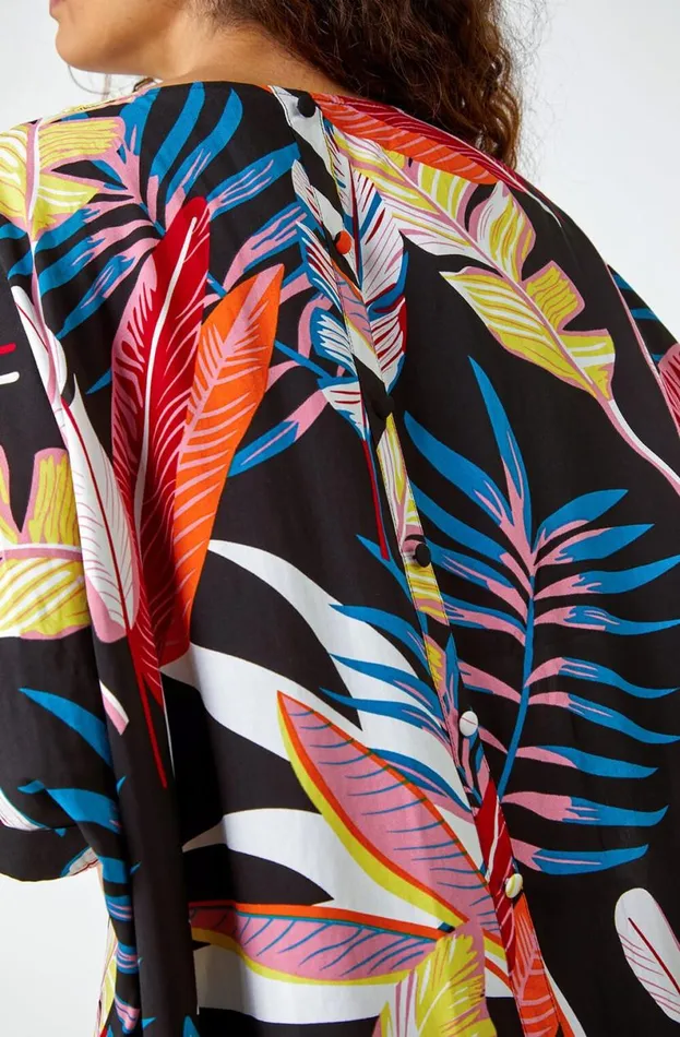 Black Tropical Print Button Back Top Women Roman Tops