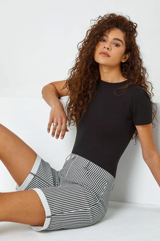 Black Turn Up Stripe Stretch Shorts Women Roman Shorts