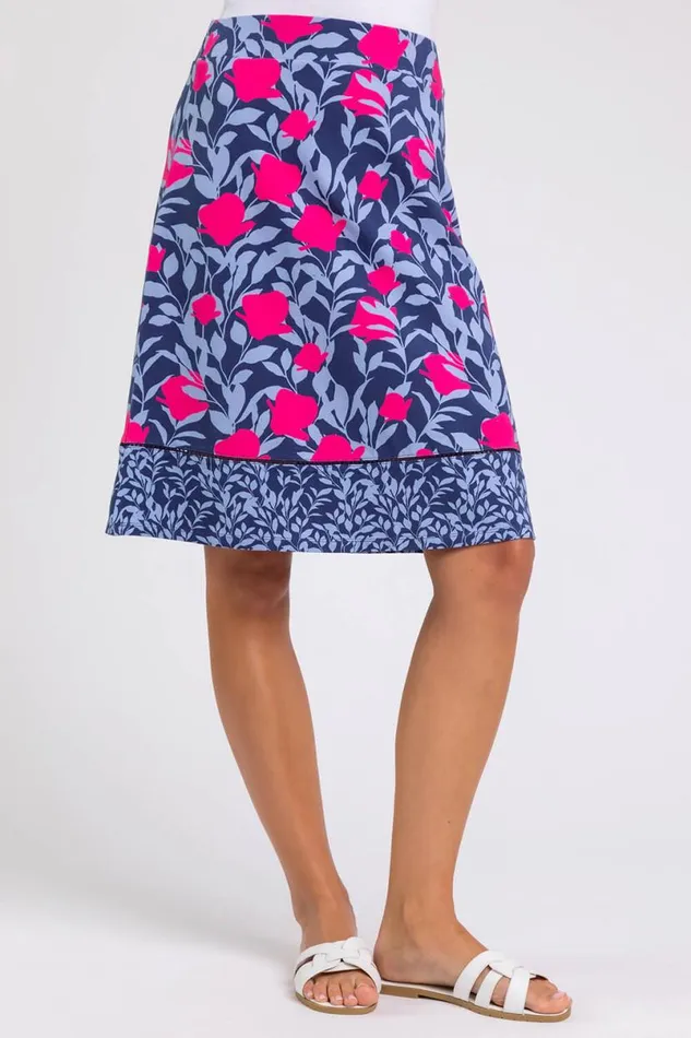 Blue A Line Floral Print Elastic Waist Skirt Women Roman Skirts