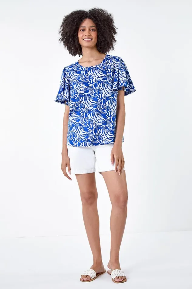 Blue Abstract Print Flared Sleeve Top Women Roman Tops