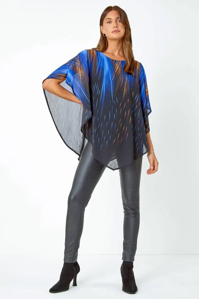 Blue Abstract Stretch Chiffon Overlay Top Women Roman Tops