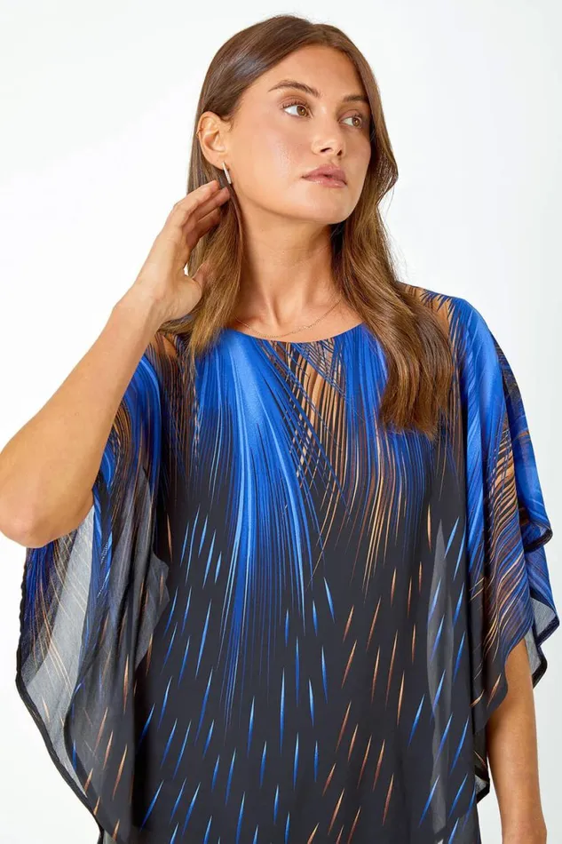 Blue Abstract Stretch Chiffon Overlay Top Women Roman Tops