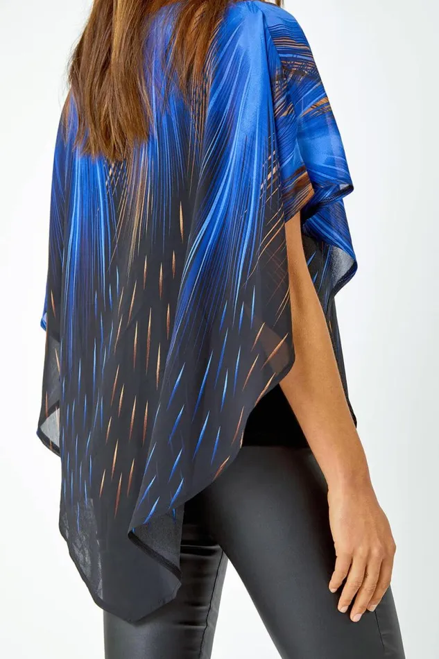 Blue Abstract Stretch Chiffon Overlay Top Women Roman Tops