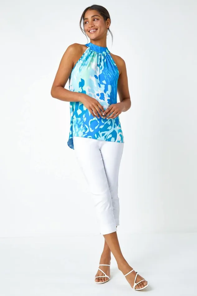 Blue Animal Print Halterneck Tie Detail Top Women Roman Tops