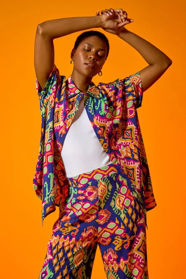 Blue Aztec Print Short Sleeve Shirt Women Roman Tops