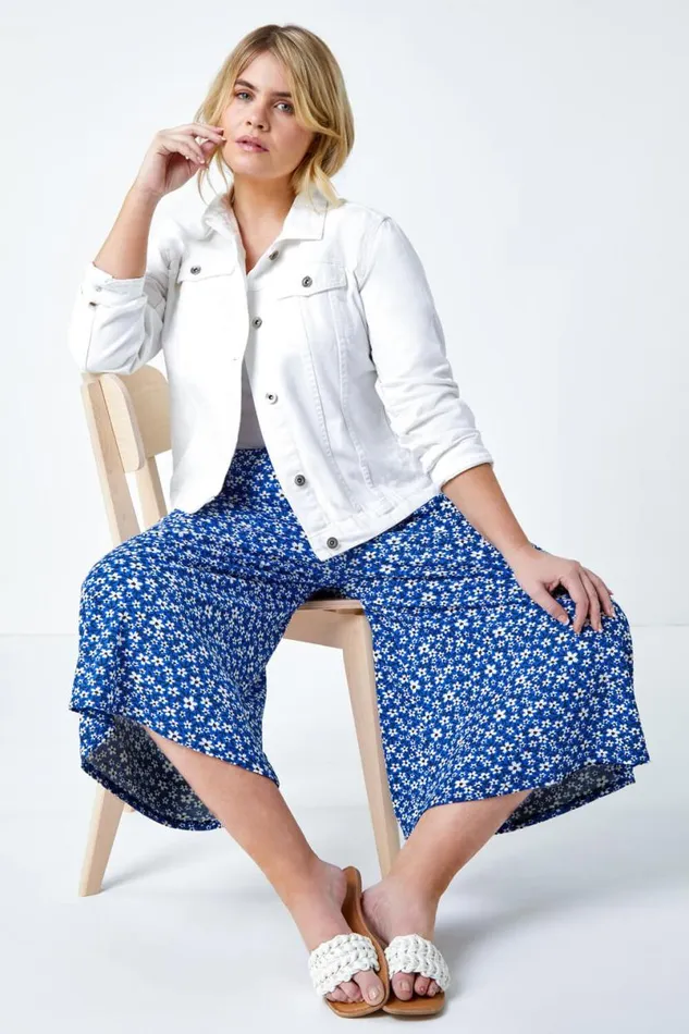 Blue Curve Floral Elastic Waist Cropped Culottes Women Roman Trousers