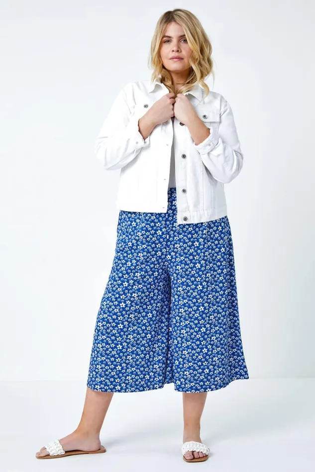 Blue Curve Floral Elastic Waist Cropped Culottes Women Roman Trousers