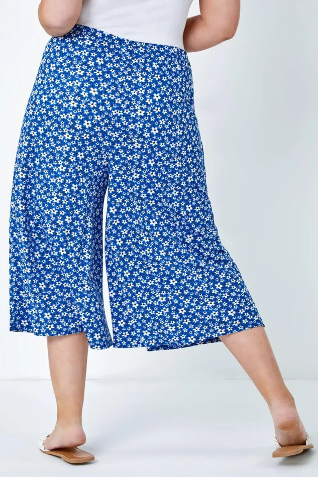 Blue Curve Floral Elastic Waist Cropped Culottes Women Roman Trousers