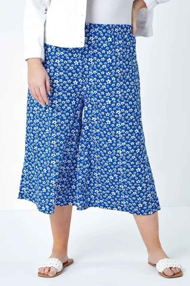 Blue Curve Floral Elastic Waist Cropped Culottes Women Roman Trousers