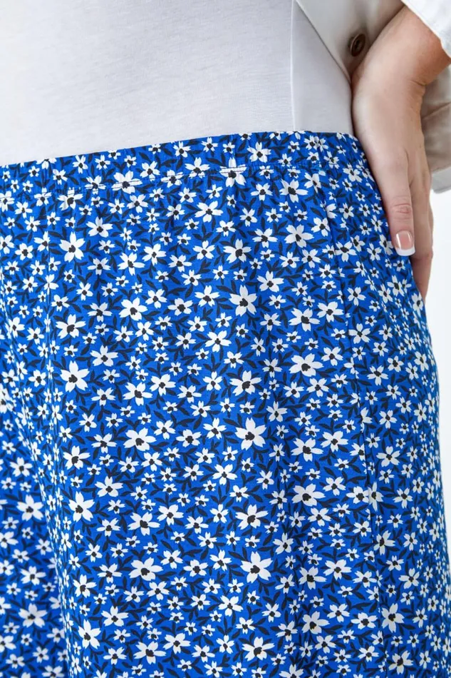 Blue Curve Floral Elastic Waist Cropped Culottes Women Roman Trousers