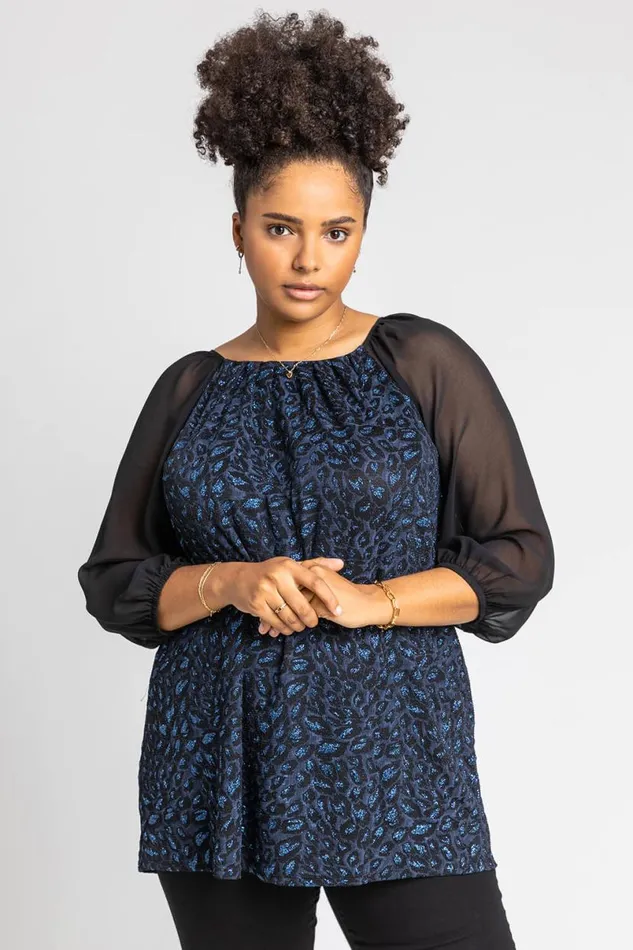 Blue Curve Glitter Animal Print Pleated Top Women Roman Tops