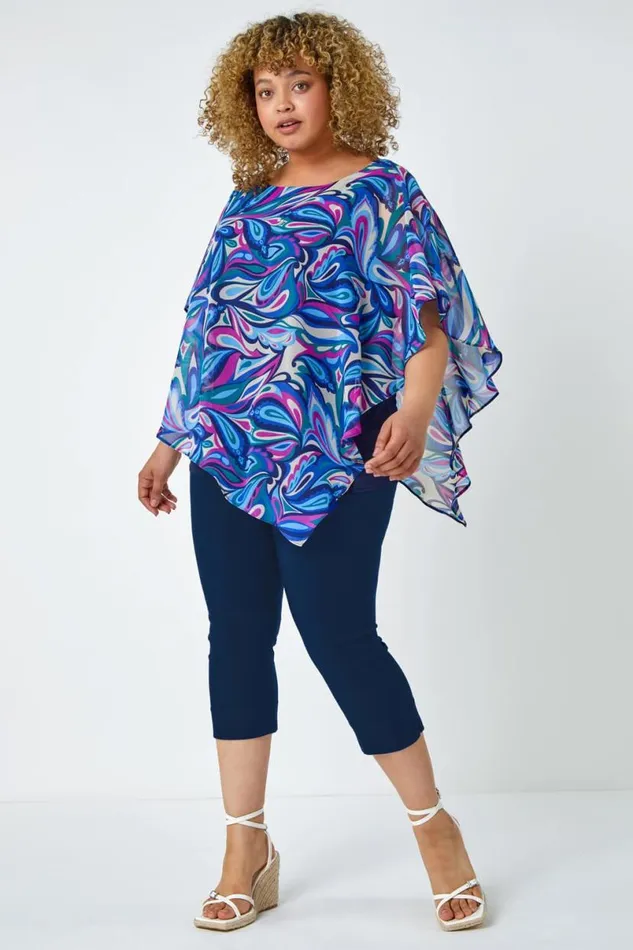 Blue Curve Paisley Print Chiffon Overlay Top Women Roman Tops