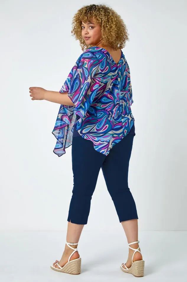 Blue Curve Paisley Print Chiffon Overlay Top Women Roman Tops