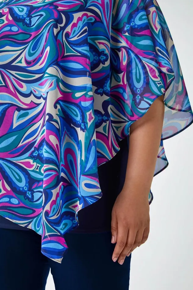 Blue Curve Paisley Print Chiffon Overlay Top Women Roman Tops