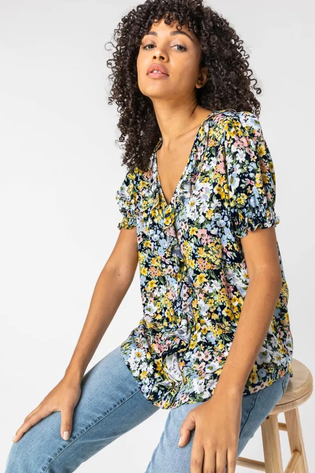 Blue Floral Print Frill Detail Blouse Women Roman Tops