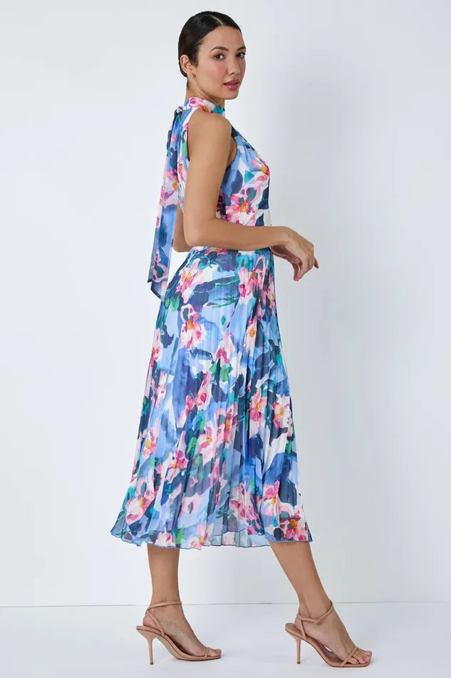 Blue Floral Print Pleated Chiffon Midi Dress Women Roman Dresses