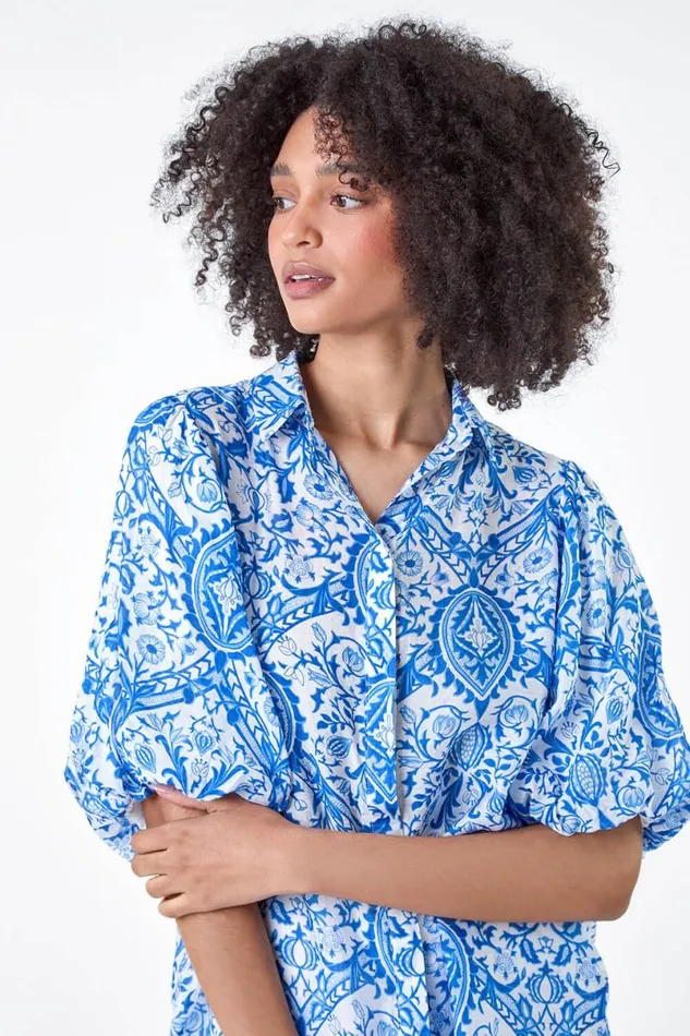Blue Floral Print Puff Sleeve Shirt Women Roman Tops