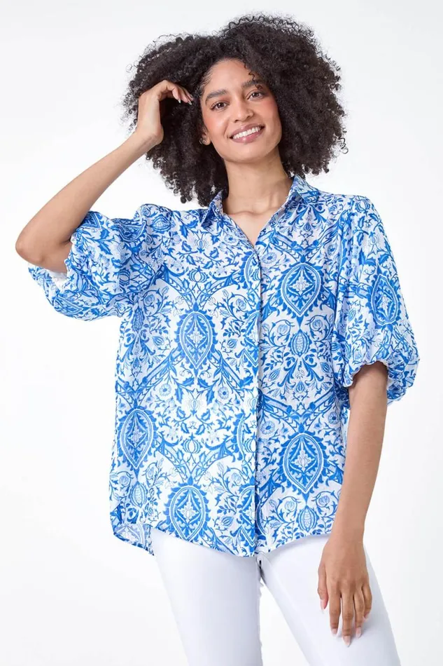 Blue Floral Print Puff Sleeve Shirt Women Roman Tops