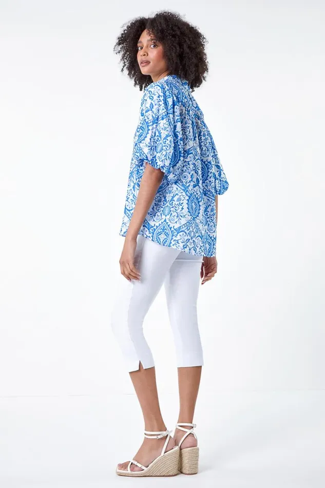 Blue Floral Print Puff Sleeve Shirt Women Roman Tops