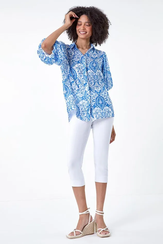 Blue Floral Print Puff Sleeve Shirt Women Roman Tops