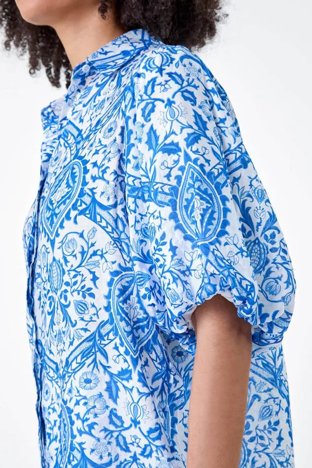Blue Floral Print Puff Sleeve Shirt Women Roman Tops