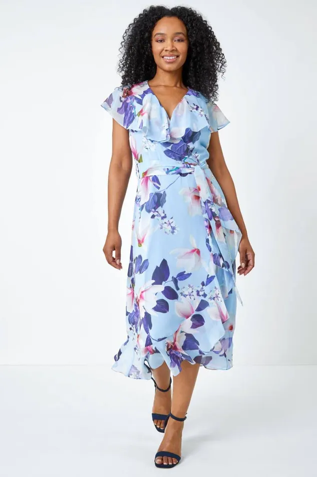 Blue Petite Floral Frill Hem Chiffon Dress Women Roman Dresses