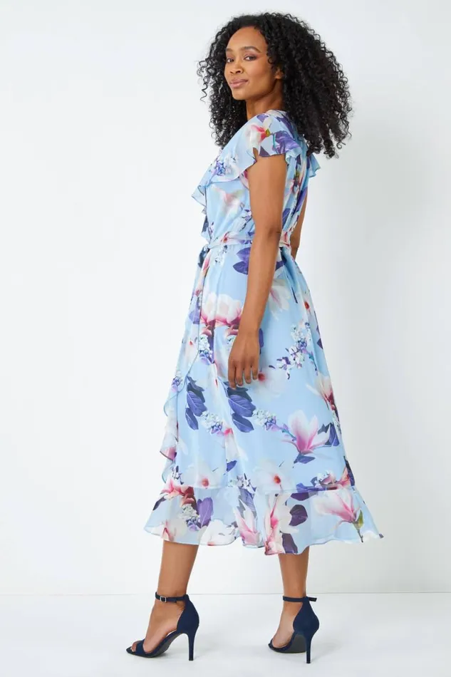 Blue Petite Floral Frill Hem Chiffon Dress Women Roman Dresses