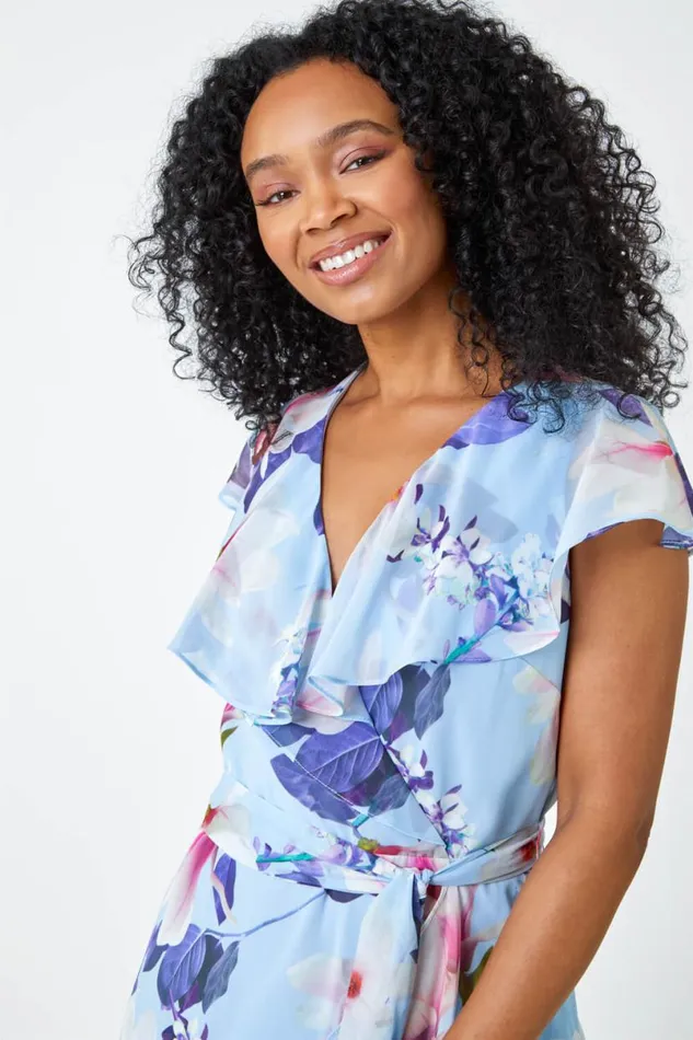 Blue Petite Floral Frill Hem Chiffon Dress Women Roman Dresses