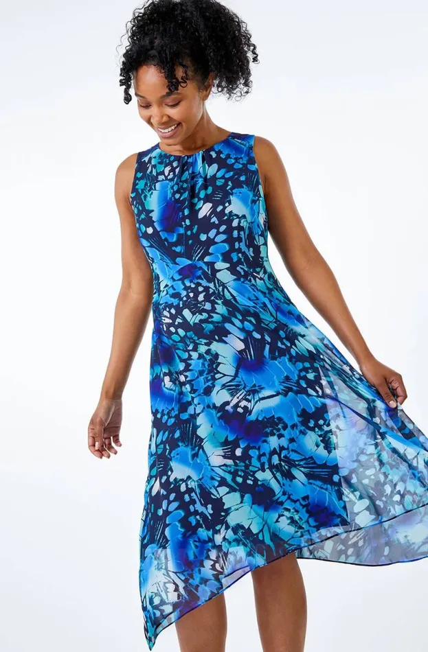 Blue Petite Floral Midi Hanky Hem Dress Women Roman Dresses