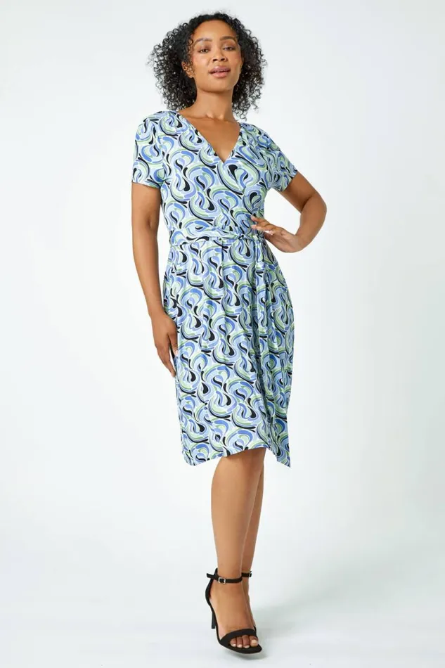 Blue Petite Swirl Print Jersey Wrap Dress Women Roman Dresses