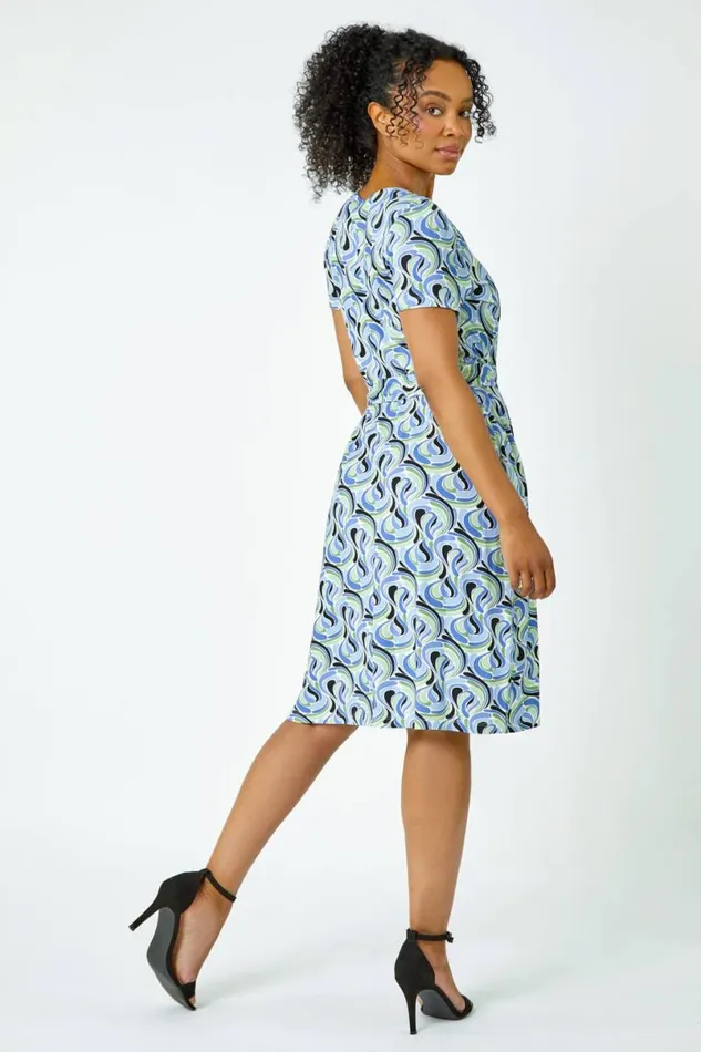 Blue Petite Swirl Print Jersey Wrap Dress Women Roman Dresses