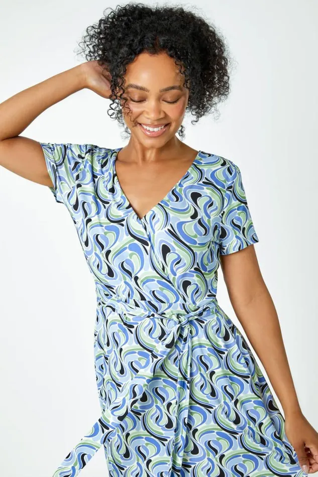 Blue Petite Swirl Print Jersey Wrap Dress Women Roman Dresses