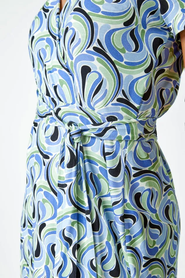Blue Petite Swirl Print Jersey Wrap Dress Women Roman Dresses
