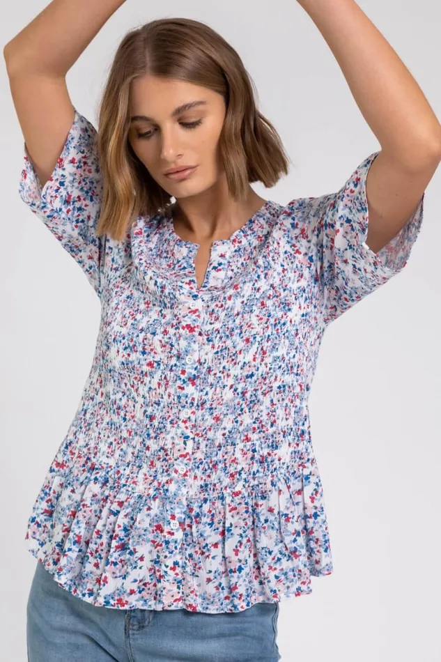 Blue Shirred Floral Print Crinkle Top Women Roman Tops