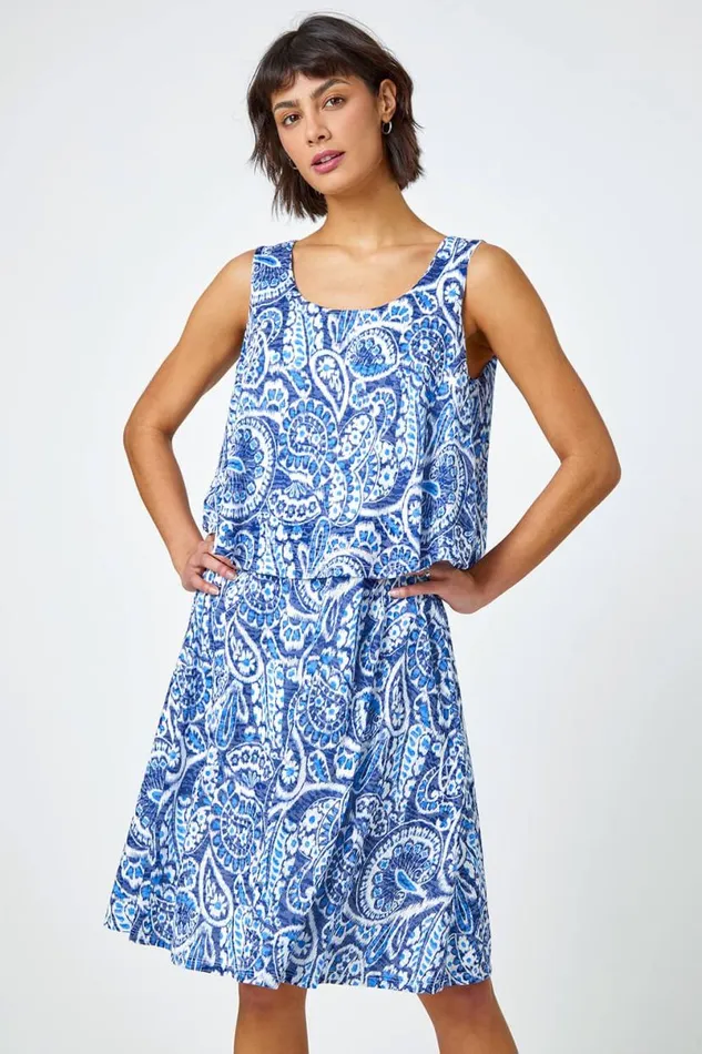 Blue Sleeveless Paisley Print Overlay Dress Women Roman Dresses