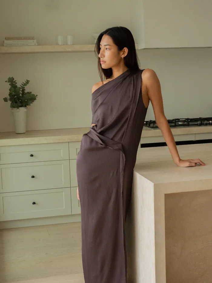 Bondi Born 8211 Ardea Draped Dress in Brown Mocha Dresses The UNDONE Women