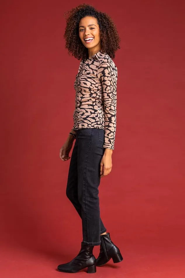 Camel Animal Print Long Sleeve Top Women Roman Tops