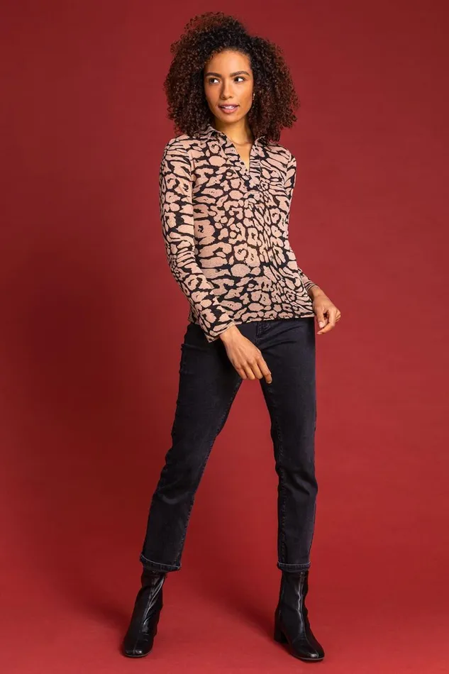 Camel Animal Print Long Sleeve Top Women Roman Tops