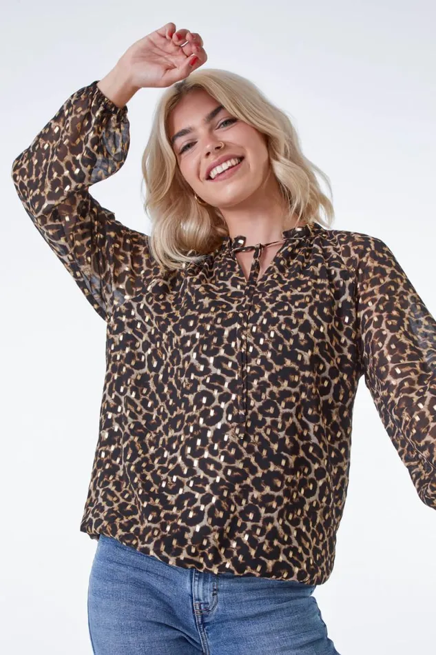 Camel Leopard Print Metallic Detail Tie Neck Top Women Roman Tops