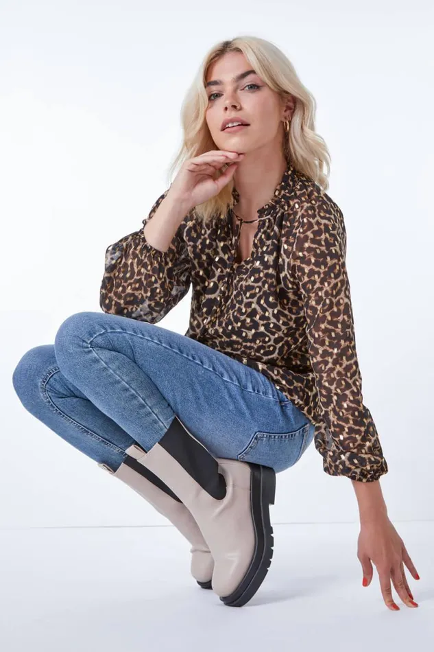 Camel Leopard Print Metallic Detail Tie Neck Top Women Roman Tops