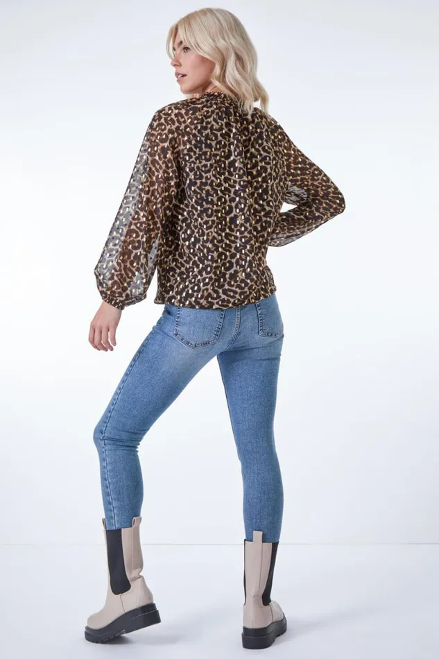 Camel Leopard Print Metallic Detail Tie Neck Top Women Roman Tops
