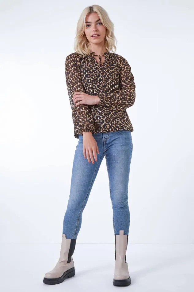 Camel Leopard Print Metallic Detail Tie Neck Top Women Roman Tops