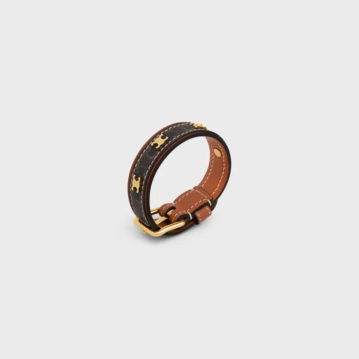 Celine Bracelets Triomphe Canvas Triomphe Leather Bracelet In Brass With Gold Finish Calfskin And Canvas 8211 Gold Tan 8211 Women