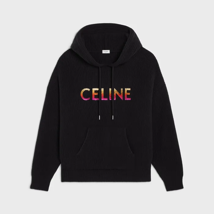 Celine Knitwear And Sweatshirts CELINE EMBROIDERED HOODED SWEATER IN RIBBED WOOL 8211 Black 8211 Men Celine Knitwear And Sweatshirts CELINE EMBROIDERED HOODED SWEATER IN RIBBED WOOL 8211 Black 8211 Men