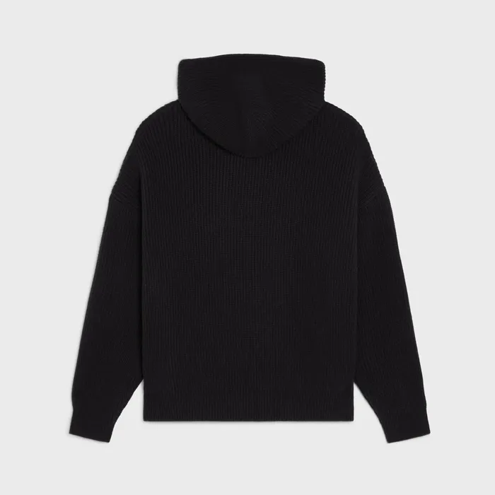 Celine Knitwear And Sweatshirts CELINE EMBROIDERED HOODED SWEATER IN RIBBED WOOL 8211 Black 8211 Men