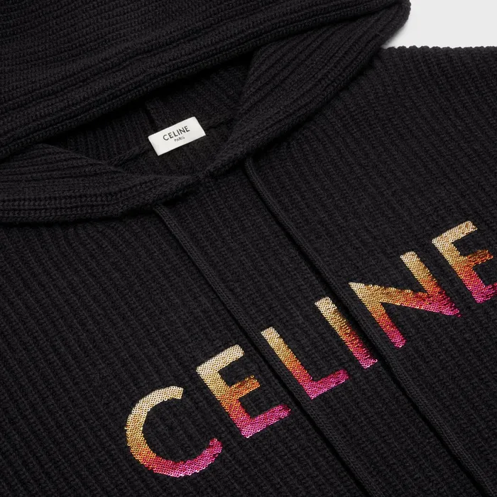 Celine Knitwear And Sweatshirts CELINE EMBROIDERED HOODED SWEATER IN RIBBED WOOL 8211 Black 8211 Men