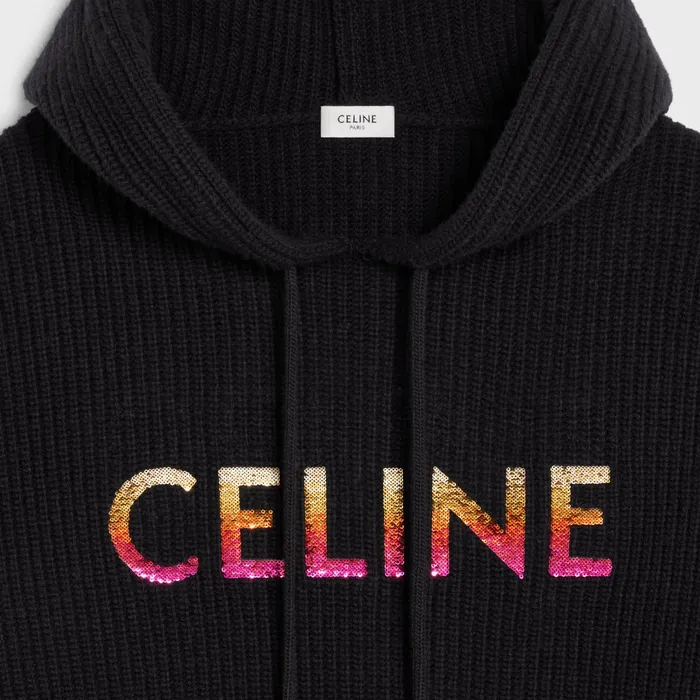 Celine Knitwear And Sweatshirts CELINE EMBROIDERED HOODED SWEATER IN RIBBED WOOL 8211 Black 8211 Men