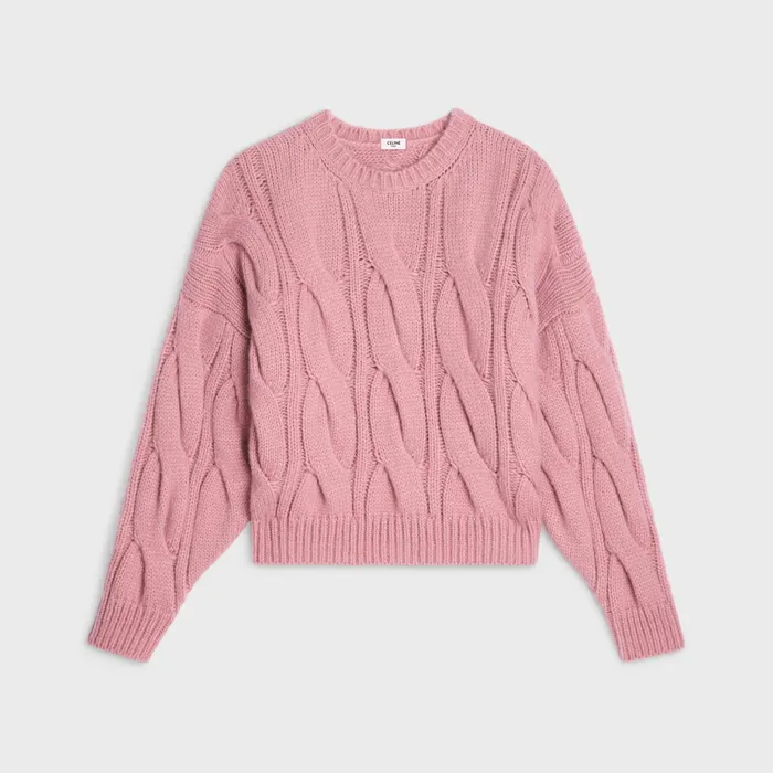 Celine Knitwear Crew Neck Sweater In Cableknit Cashmere And Silk 8211 Pink 8211 Women